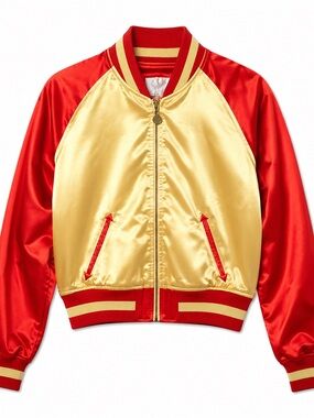 uella for Target Satin Bomber Jacket Women’s Medium Red Gold Cropped Varsity Y2K